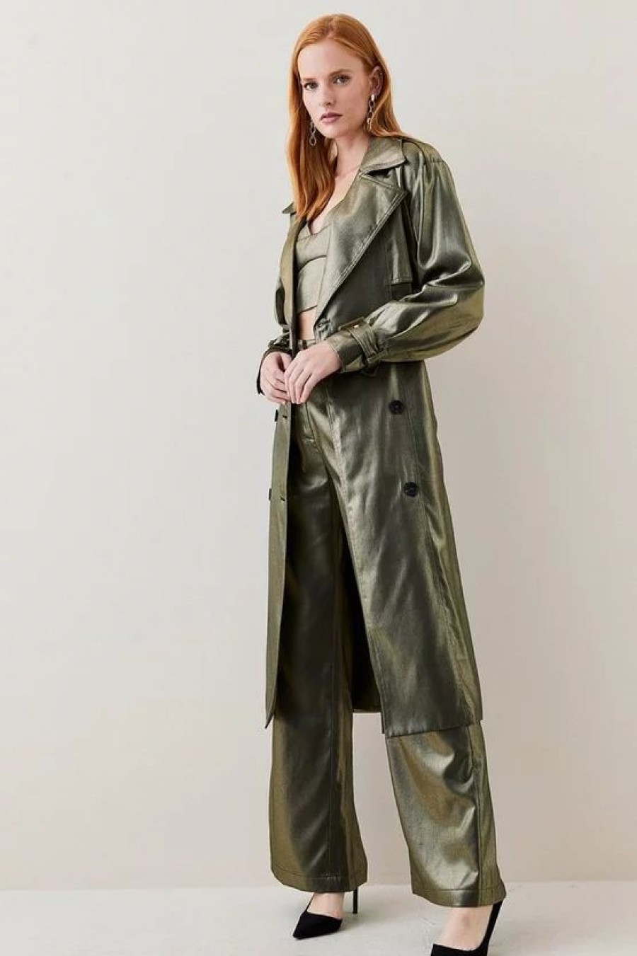 New * Wholesale Karen Millen Metallic Belted Trench Coat Metallic Gold