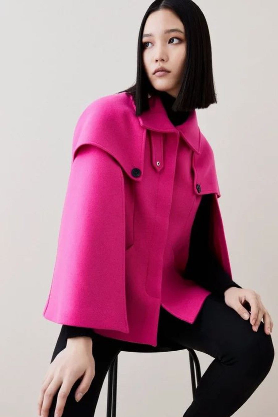 Best * Wholesale Karen Millen Italian Virgin Wool Funnel Neck Cape Coat Pink