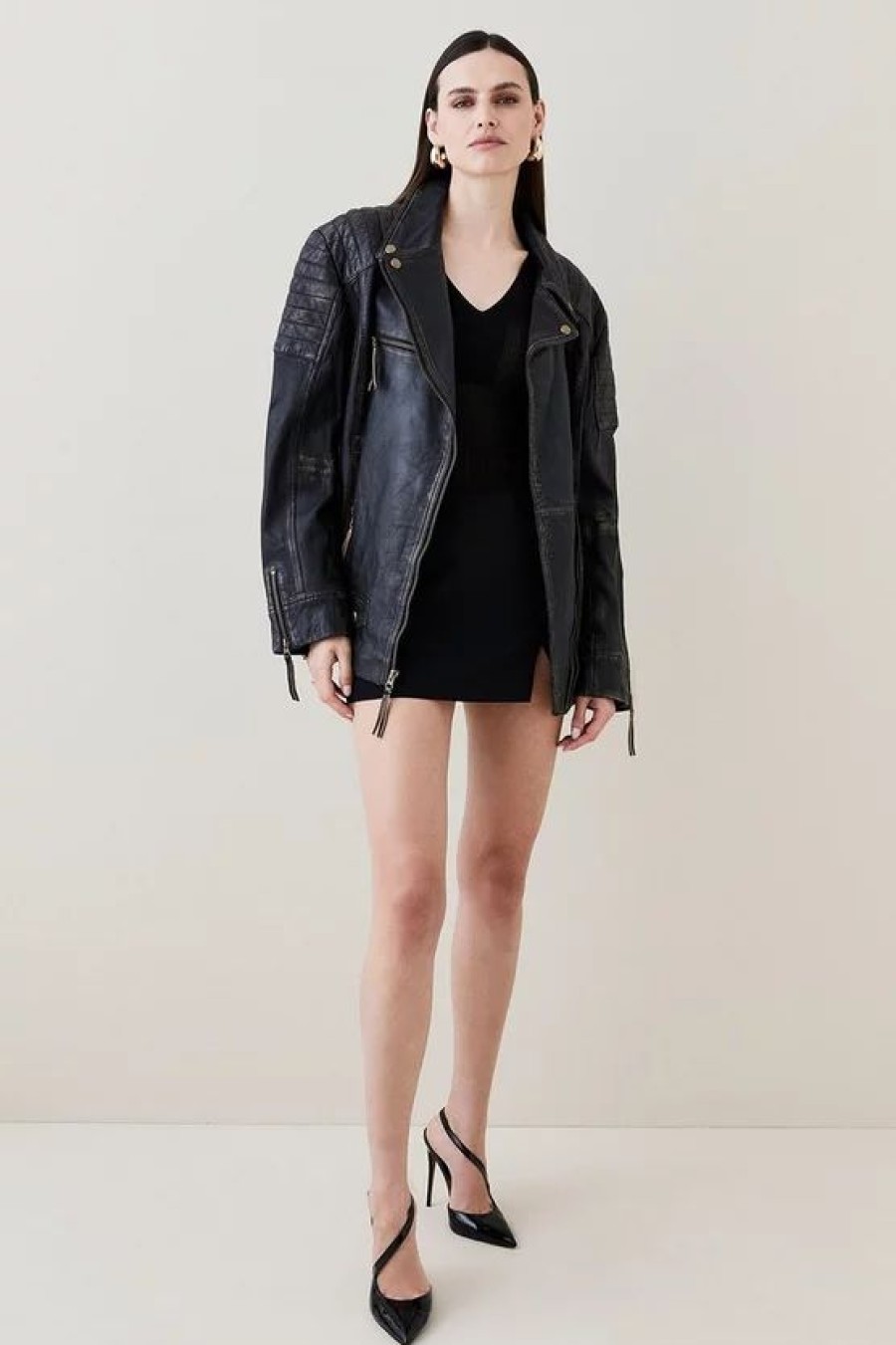 Wholesale * Outlet Karen Millen Leather Oversized Washed Leather Biker Jacket Black