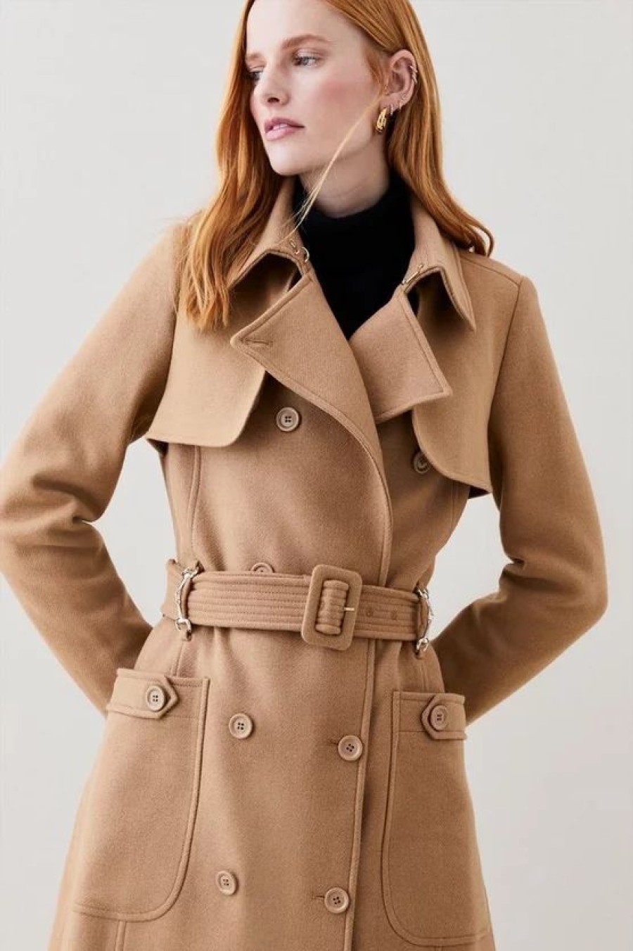 Online * Budget Karen Millen Italian Virgin Wool Collared Belted Coat Camel