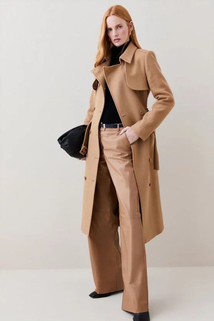 Online * Budget Karen Millen Italian Virgin Wool Collared Belted Coat Camel