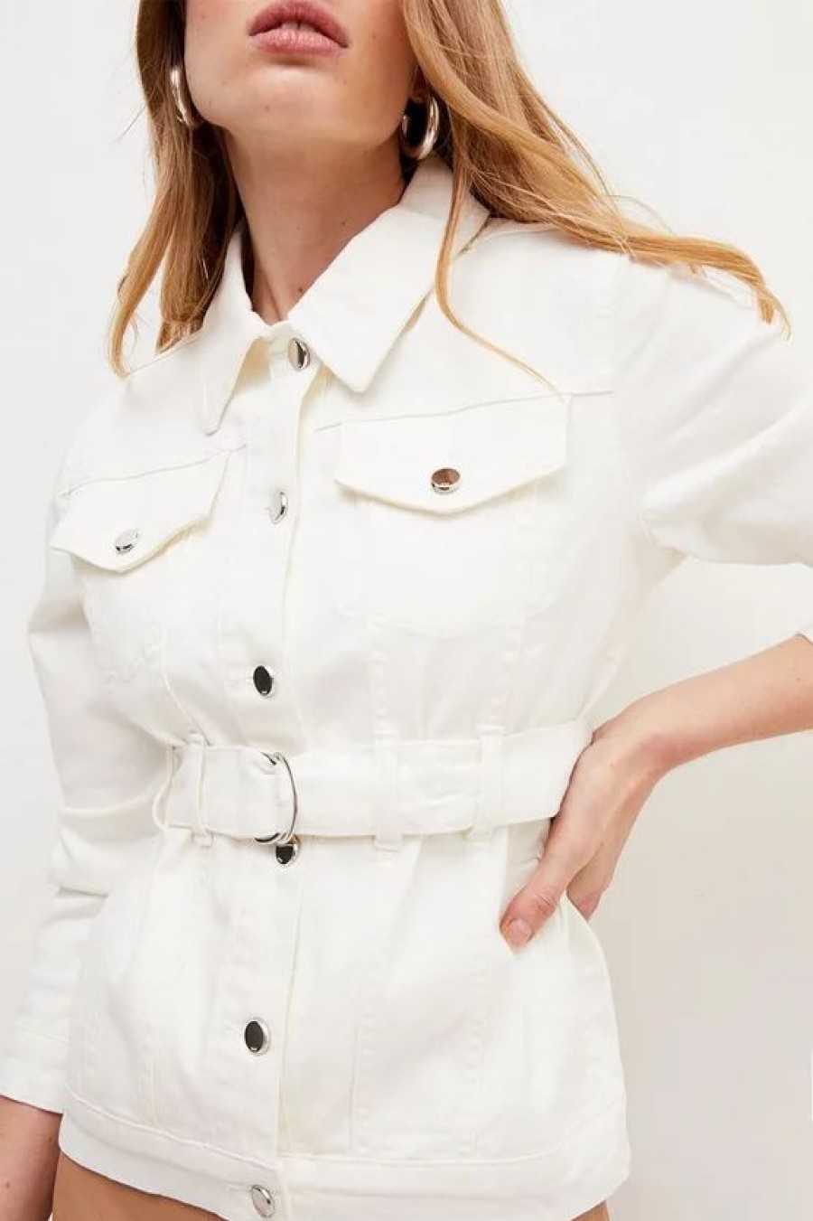 Best * Coupon Karen Millen Belted Denim Western Jacket Ivory