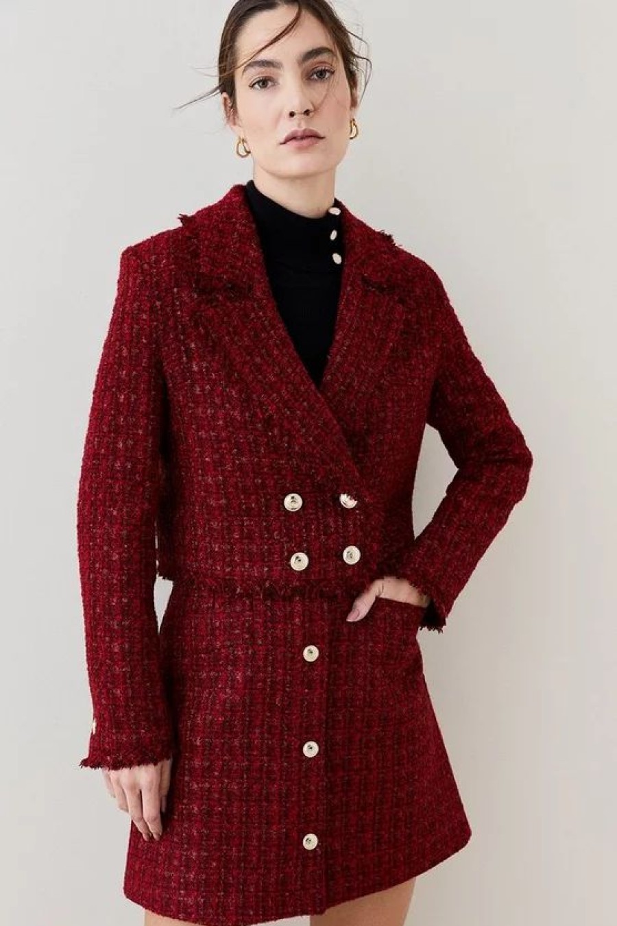 Wholesale * Deals Karen Millen Tweed Gold Button Cropped Frayed Edge Jacket Red