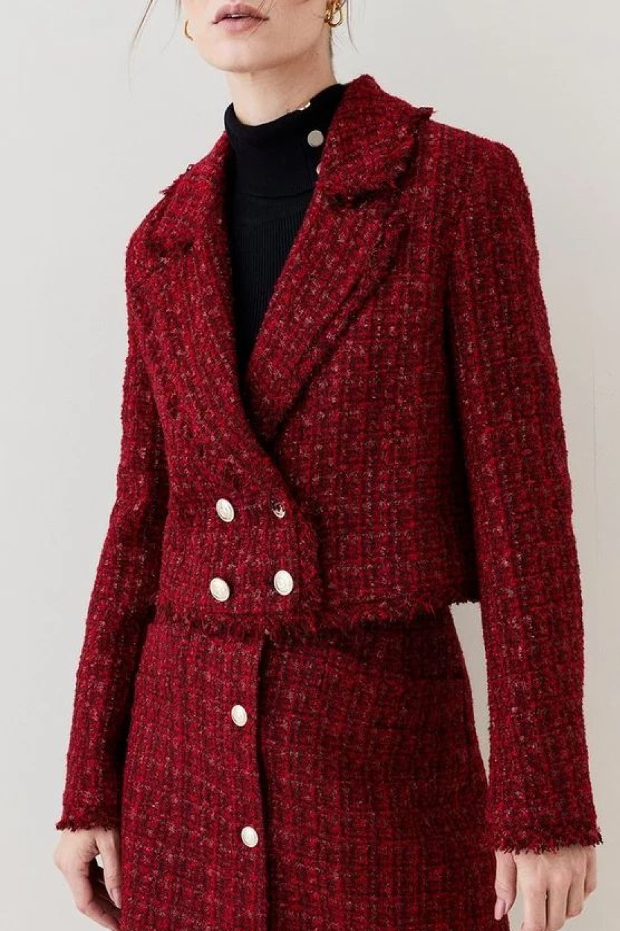 Wholesale * Deals Karen Millen Tweed Gold Button Cropped Frayed Edge Jacket Red