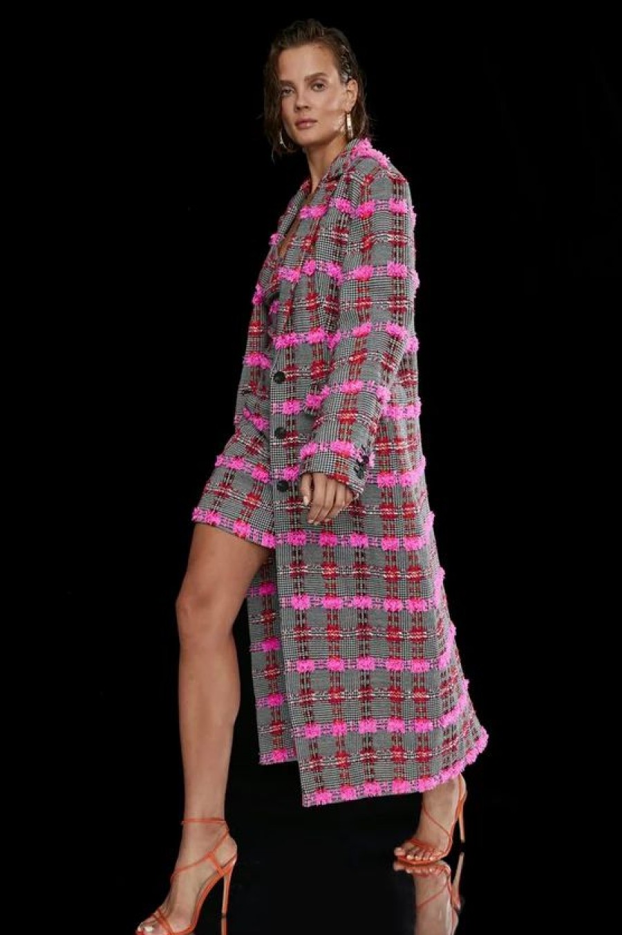 Wholesale * Coupon Karen Millen Linton Tweed Tailored Maxi Coat Pink