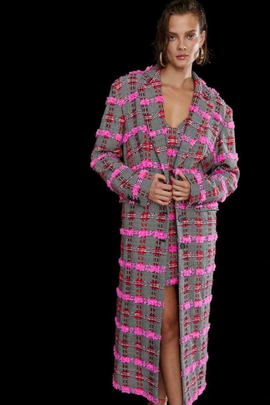 Wholesale * Coupon Karen Millen Linton Tweed Tailored Maxi Coat Pink