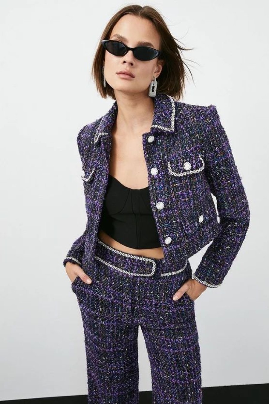 Wholesale * Best Sale Karen Millen Boucle Sparkle Diamante Trim Item Jacket Purple