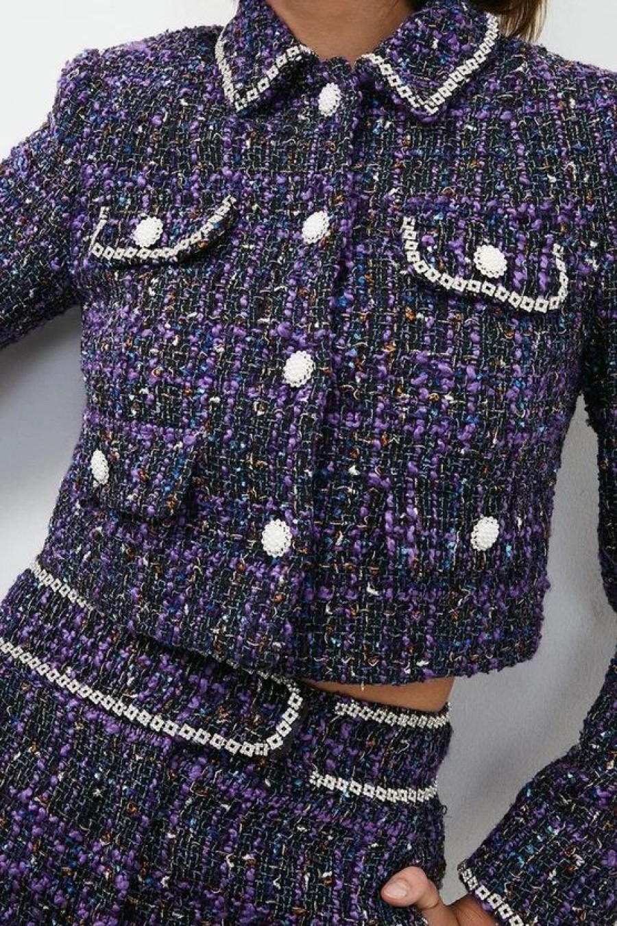 Wholesale * Best Sale Karen Millen Boucle Sparkle Diamante Trim Item Jacket Purple