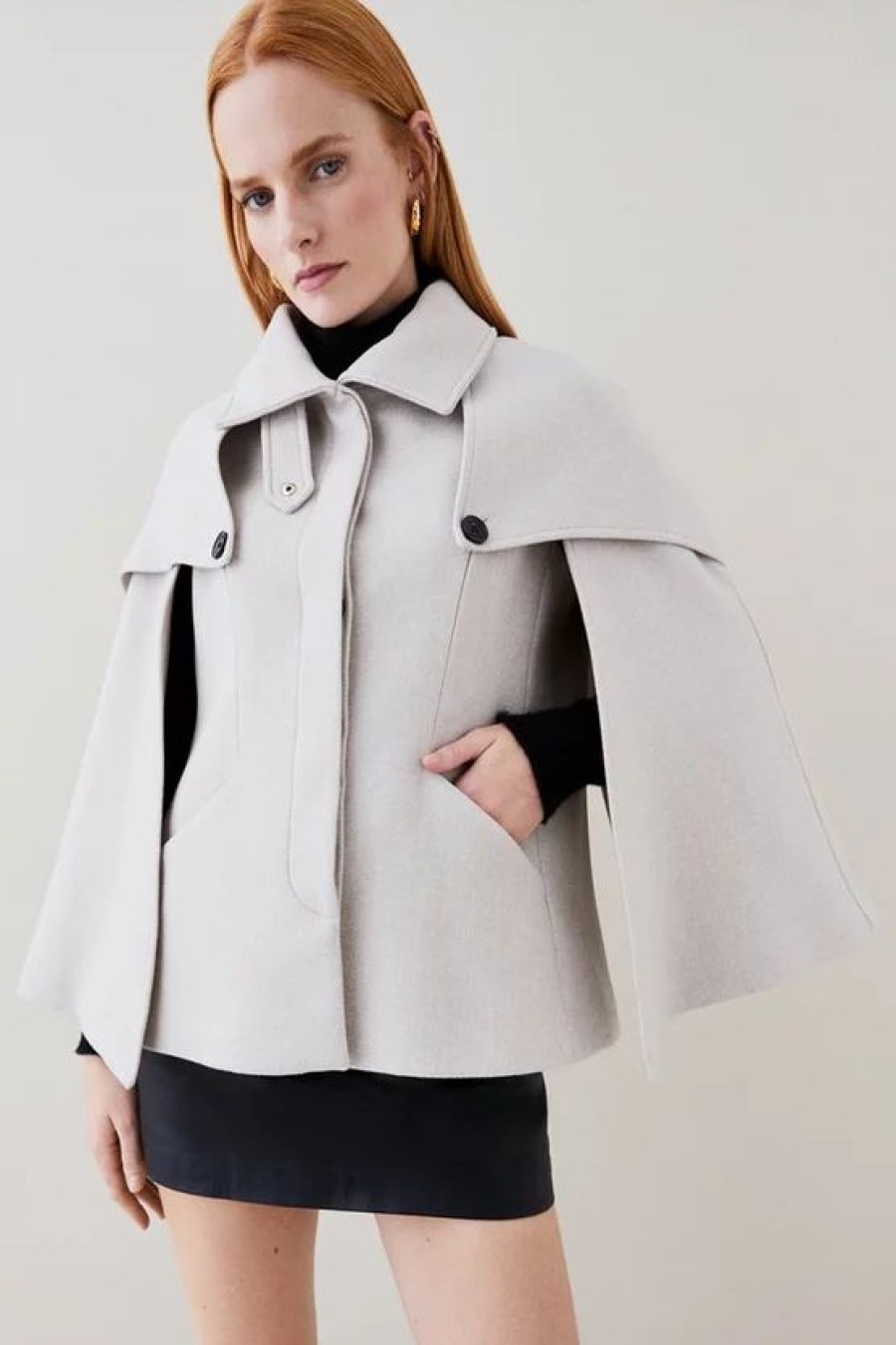 Online * Discount Karen Millen Italian Wool Funnel Neck Cape Coat Oatmeal