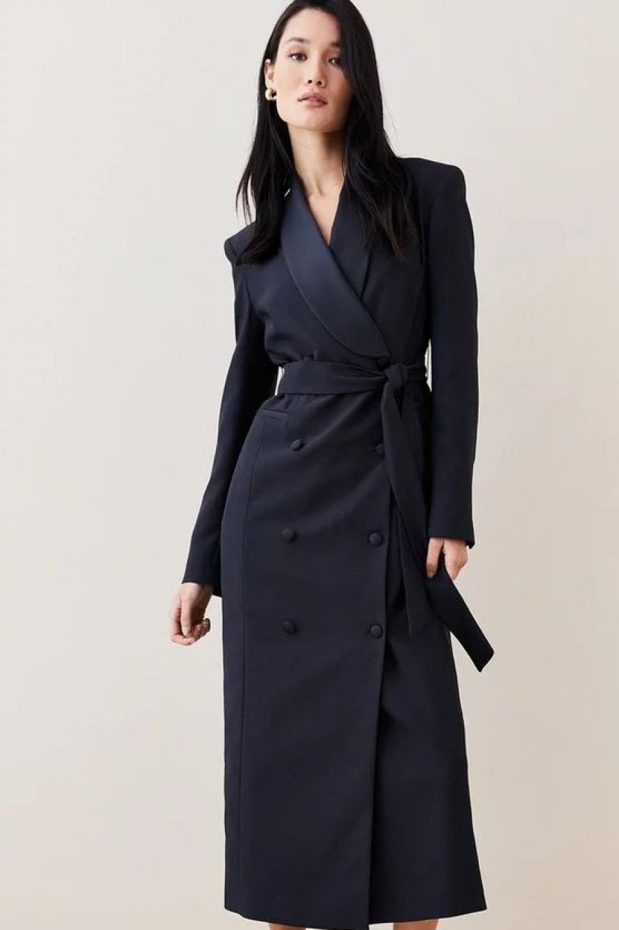 Clearance * Outlet Karen Millen Satin Back Crepe Double Breasted Longline Coat