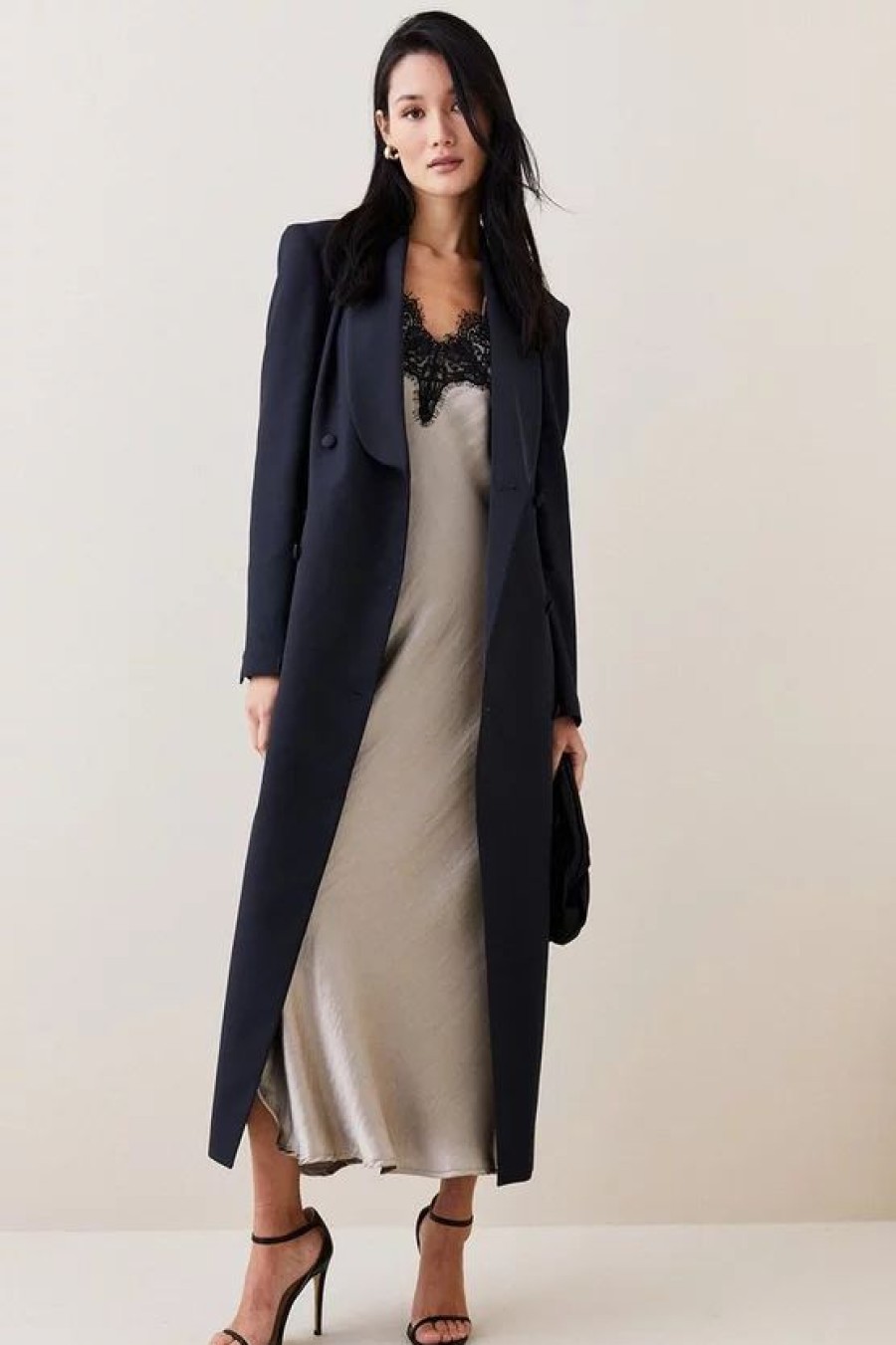 Clearance * Outlet Karen Millen Satin Back Crepe Double Breasted Longline Coat