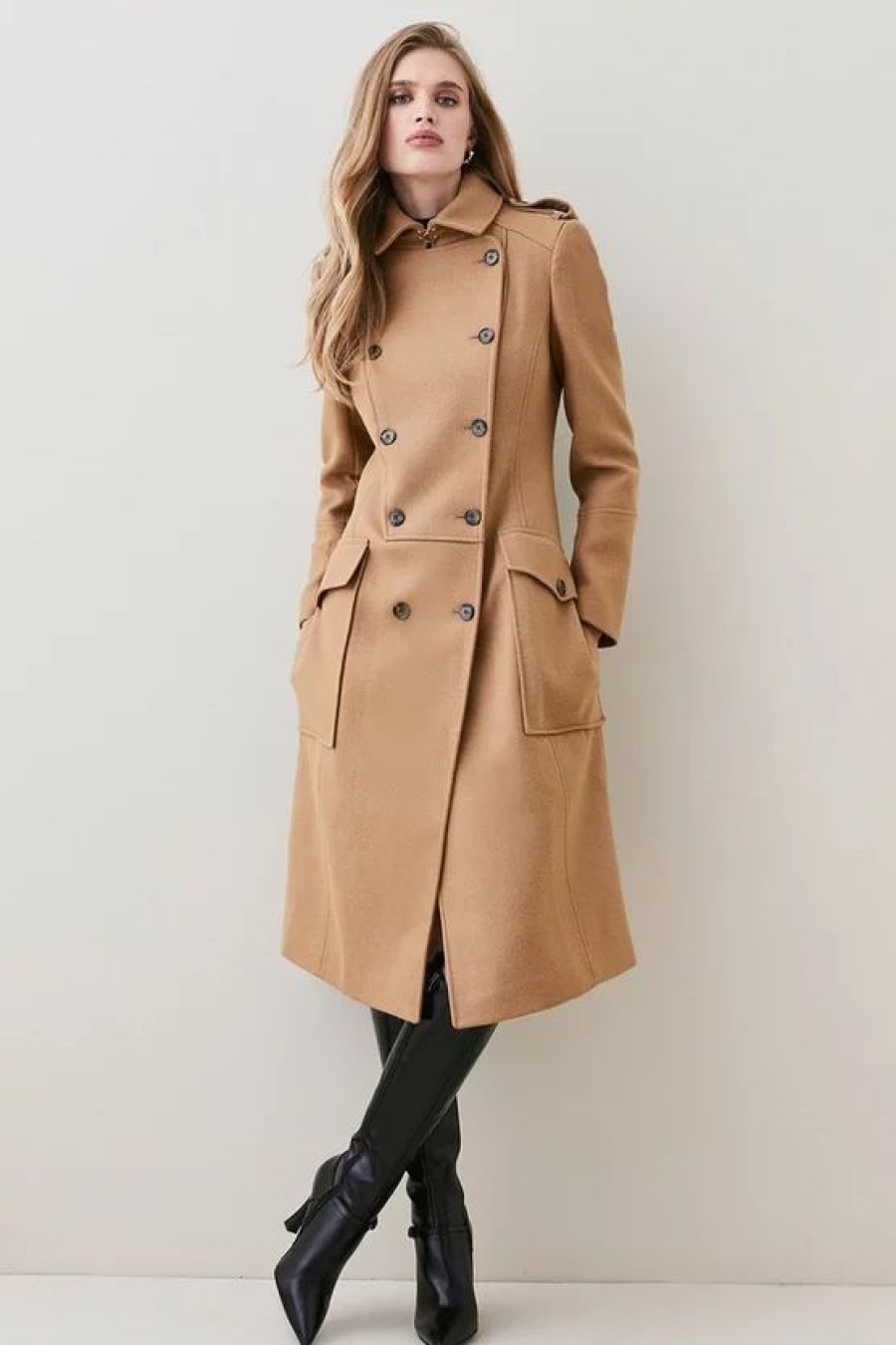 Online * Hot Sale Karen Millen Italian Virgin Wool Military Coat Camel