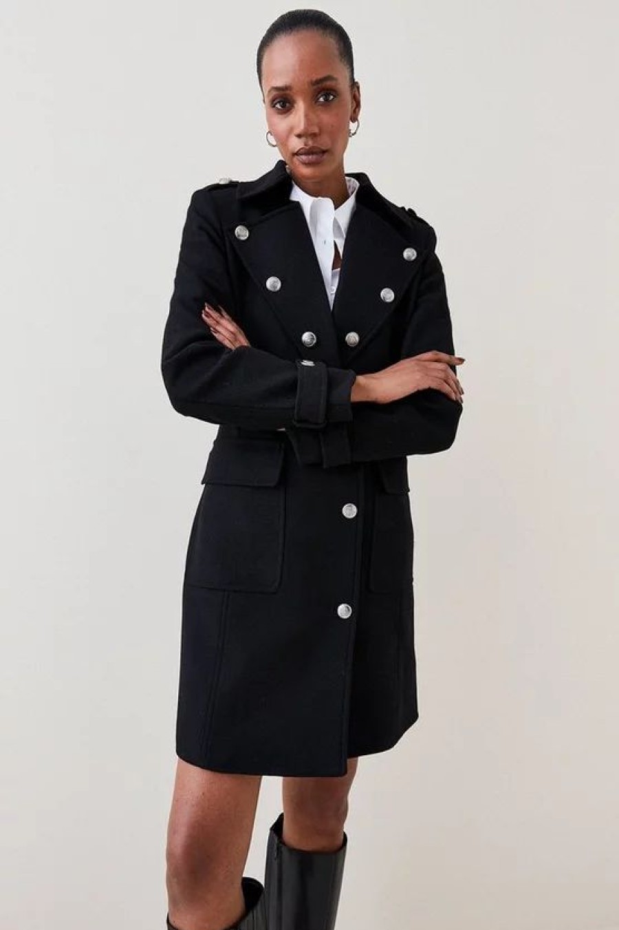 Wholesale * Hot Sale Karen Millen Italian Virgin Wool Military Button Midi Coat Black