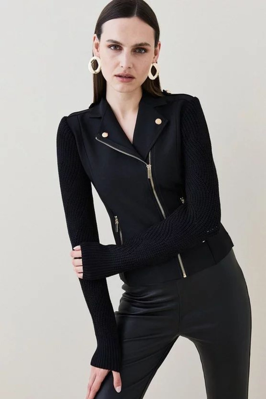 Clearance * Outlet Karen Millen Bandage Mid Weight Mix Knit Biker Jacket Black