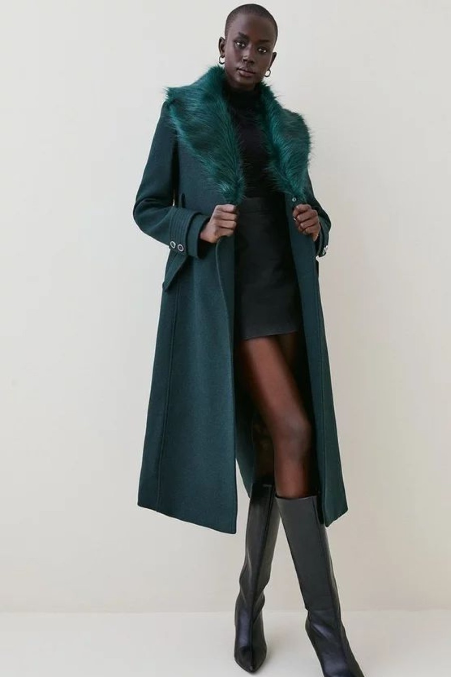 New * Promo Karen Millen Italian Wool Blend Belted & Faux Fur Collar Coat Forest