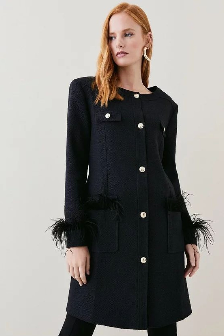 New * Wholesale Karen Millen Boucle Feather Trim Longline Coat