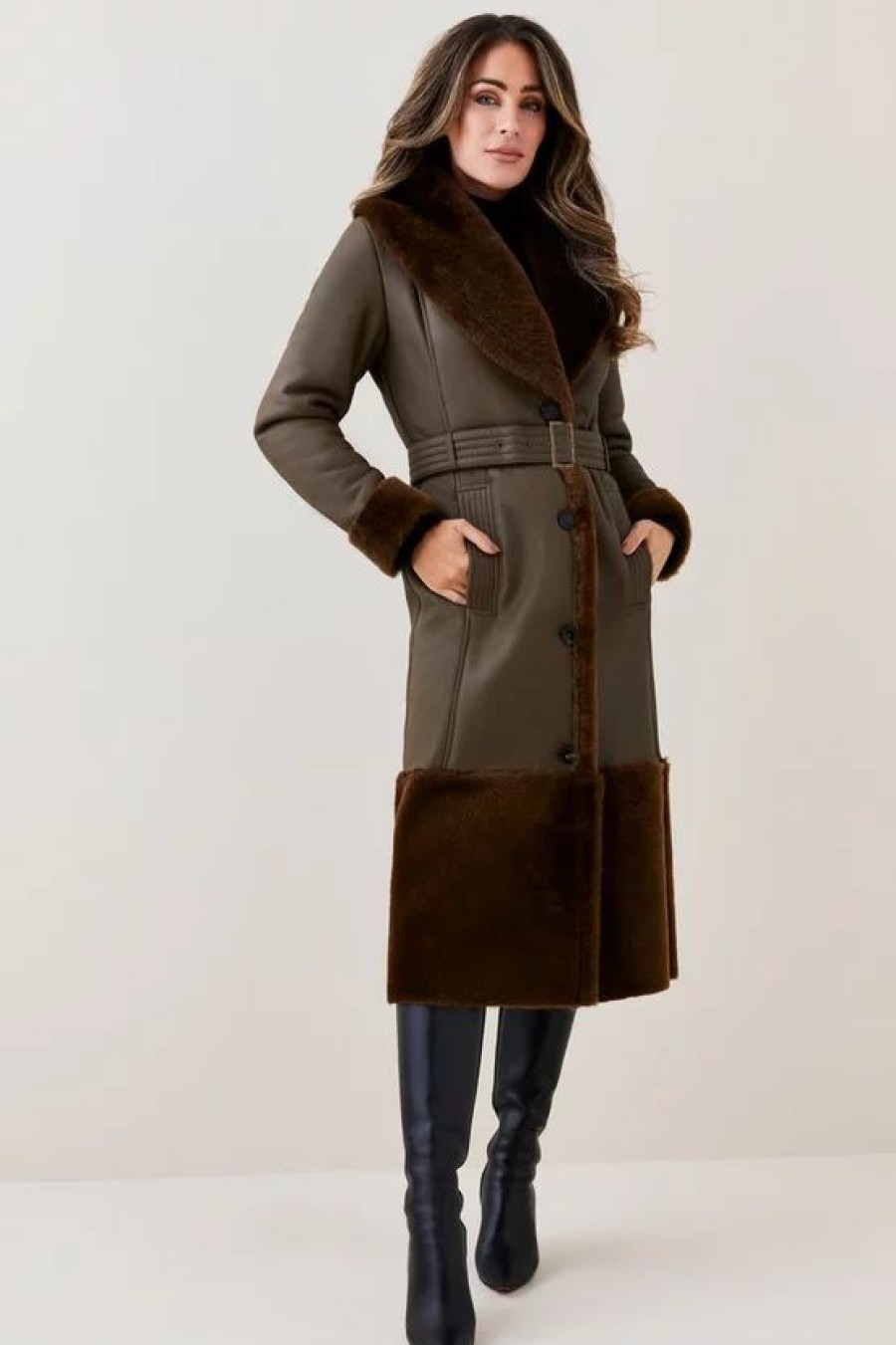 Online * Deals Karen Millen Lydia Millen Shearling And Leather Shawl Collar Belted Coat Dark Olive