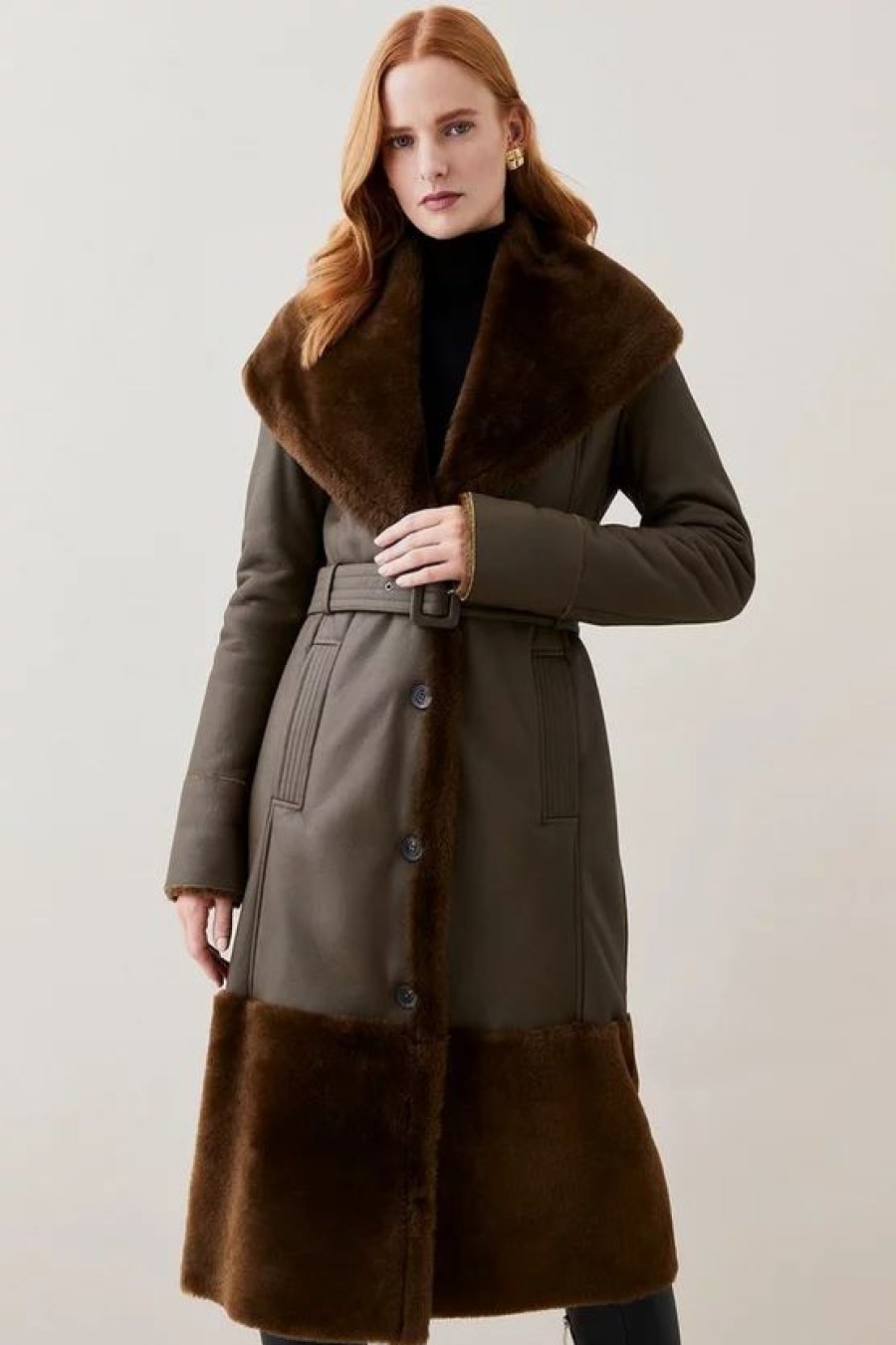 Online * Deals Karen Millen Lydia Millen Shearling And Leather Shawl Collar Belted Coat Dark Olive