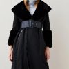 Online * Top 10 Karen Millen Petite Long Mock Shearling Belted Coat Black