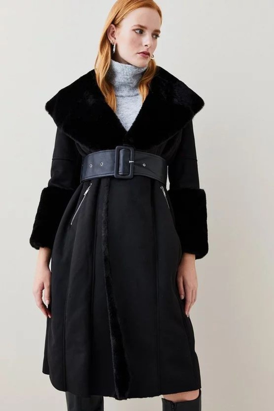 Online * Top 10 Karen Millen Petite Long Mock Shearling Belted Coat Black