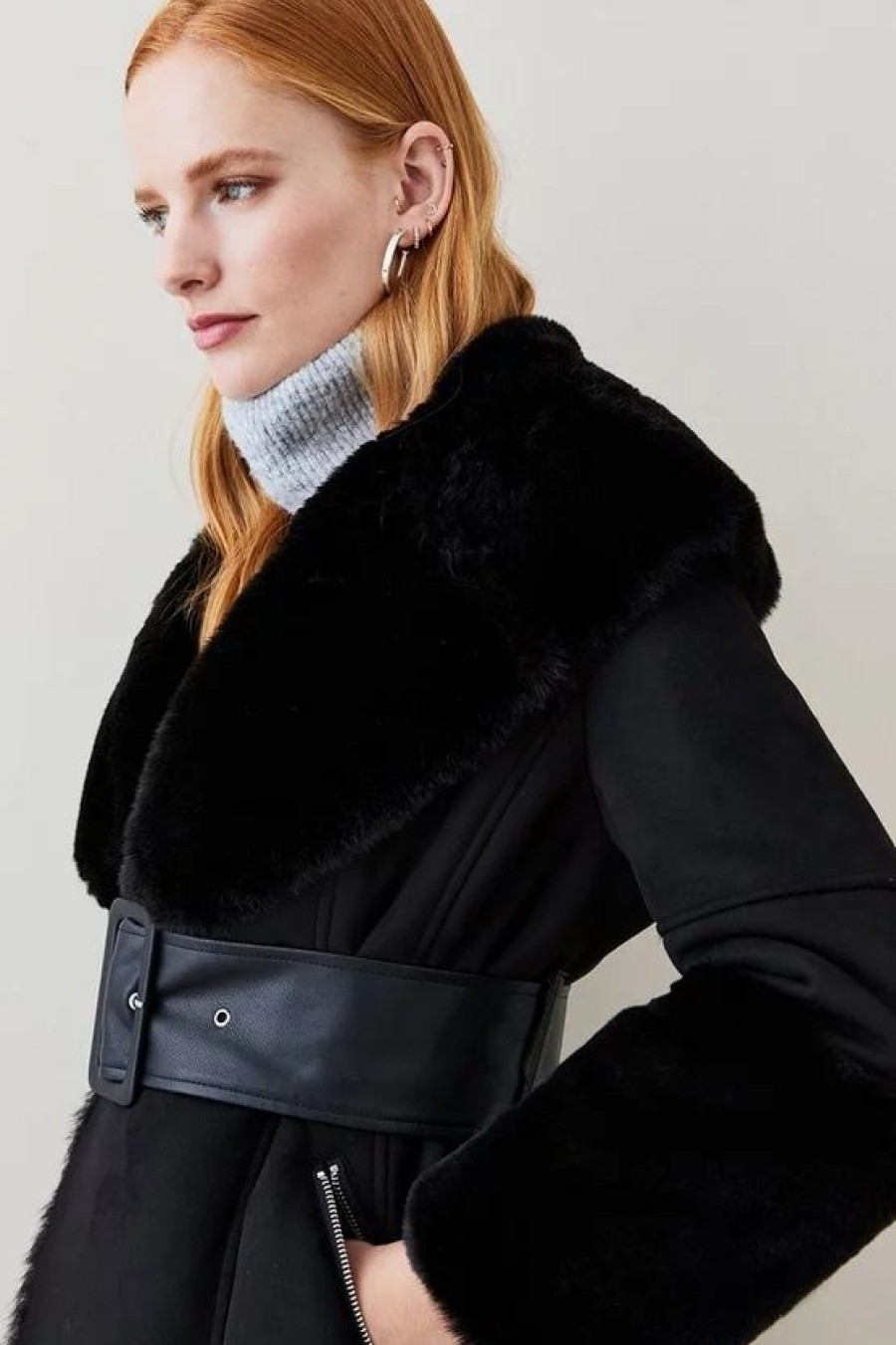 Online * Top 10 Karen Millen Petite Long Mock Shearling Belted Coat Black