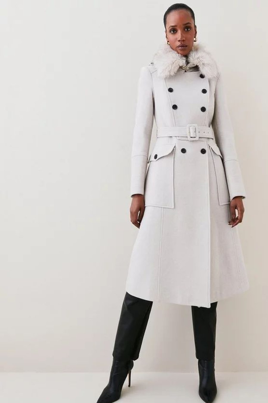 New * Brand New Karen Millen Lydia Millen Petite Italian Wool Faux Fur Collar Longline Coat Oatmeal