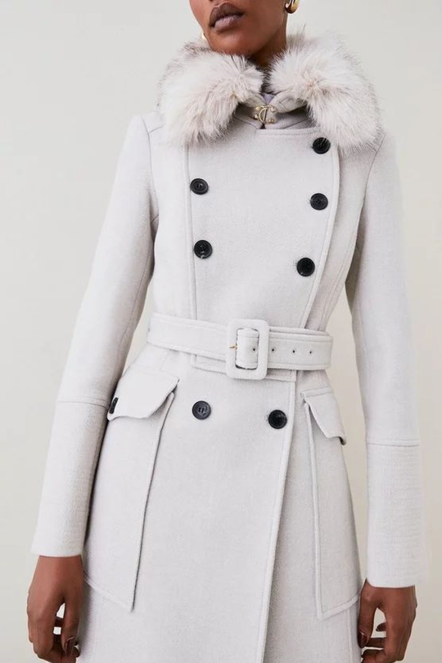 New * Brand New Karen Millen Lydia Millen Petite Italian Wool Faux Fur Collar Longline Coat Oatmeal