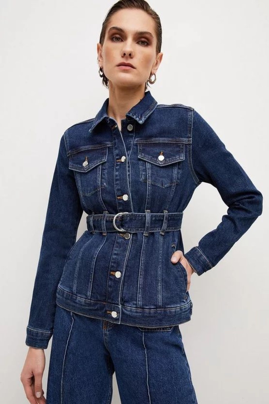 New * Coupon Karen Millen Denim Western Belted Jacket Indigo