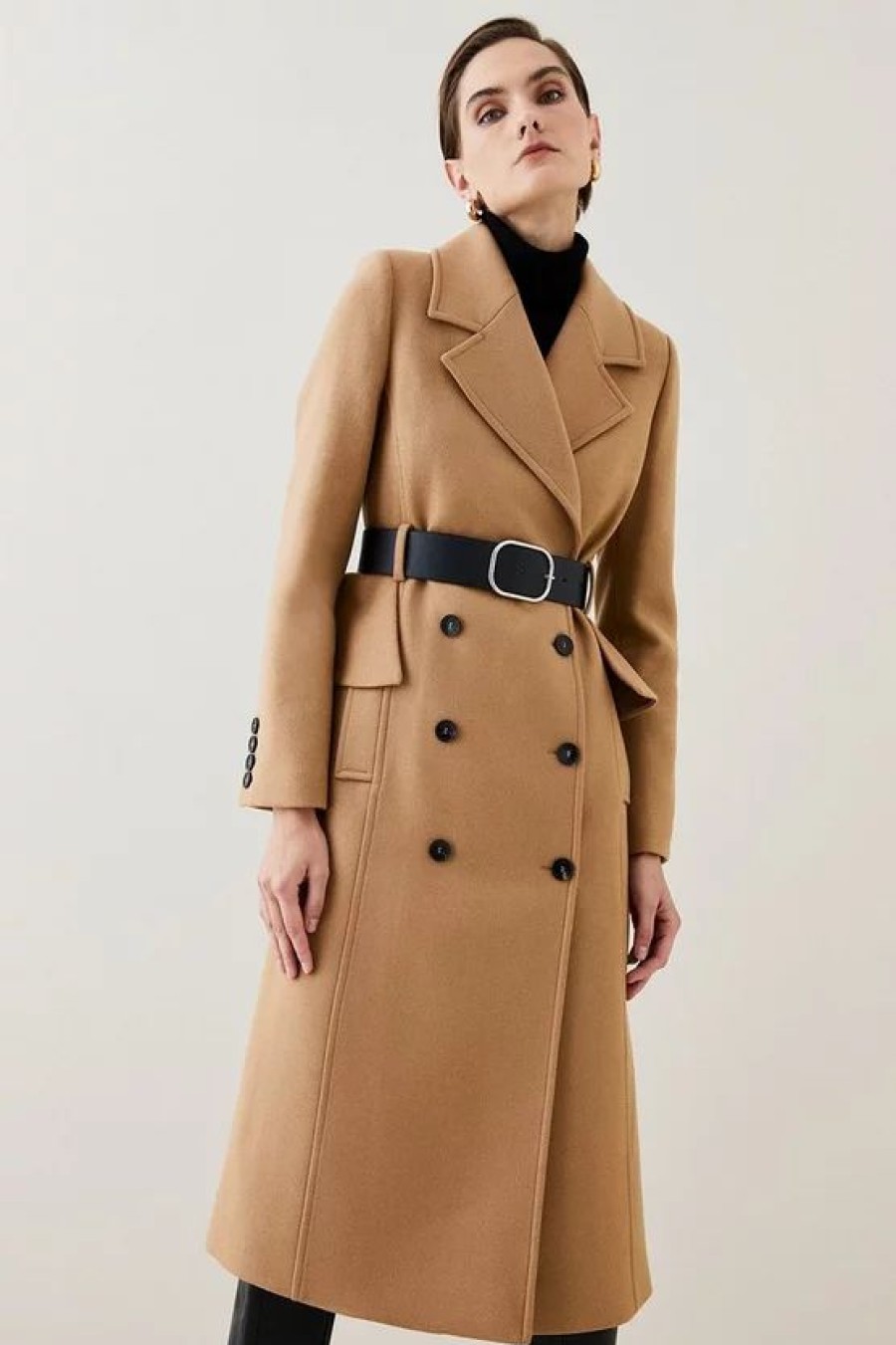 New * Discount Karen Millen Italian Virgin Wool Belted Midi Peplum Coat Camel