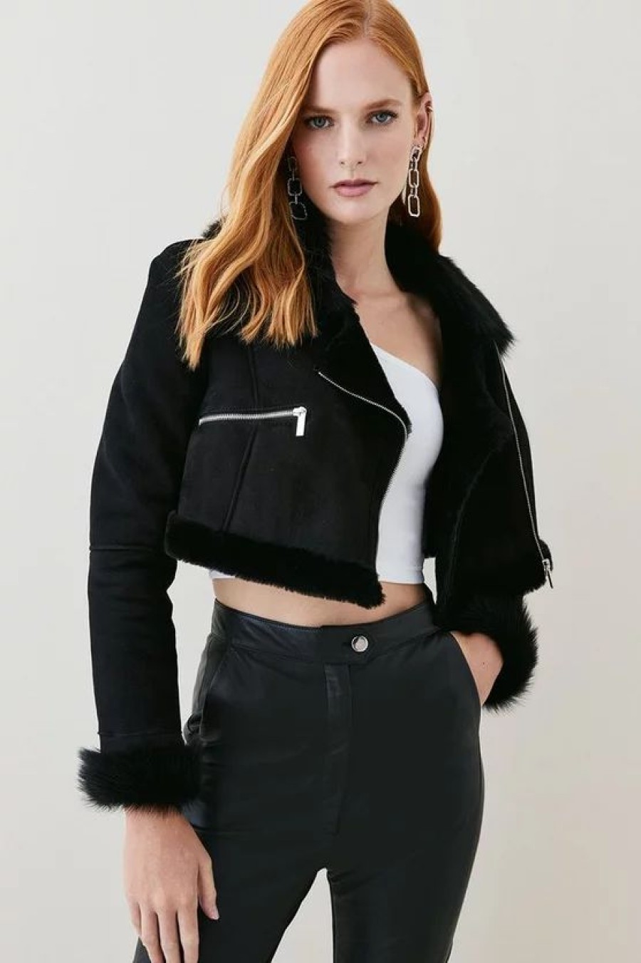 New * Flash Sale Karen Millen Shearling & Leather Cropped Biker Jacket