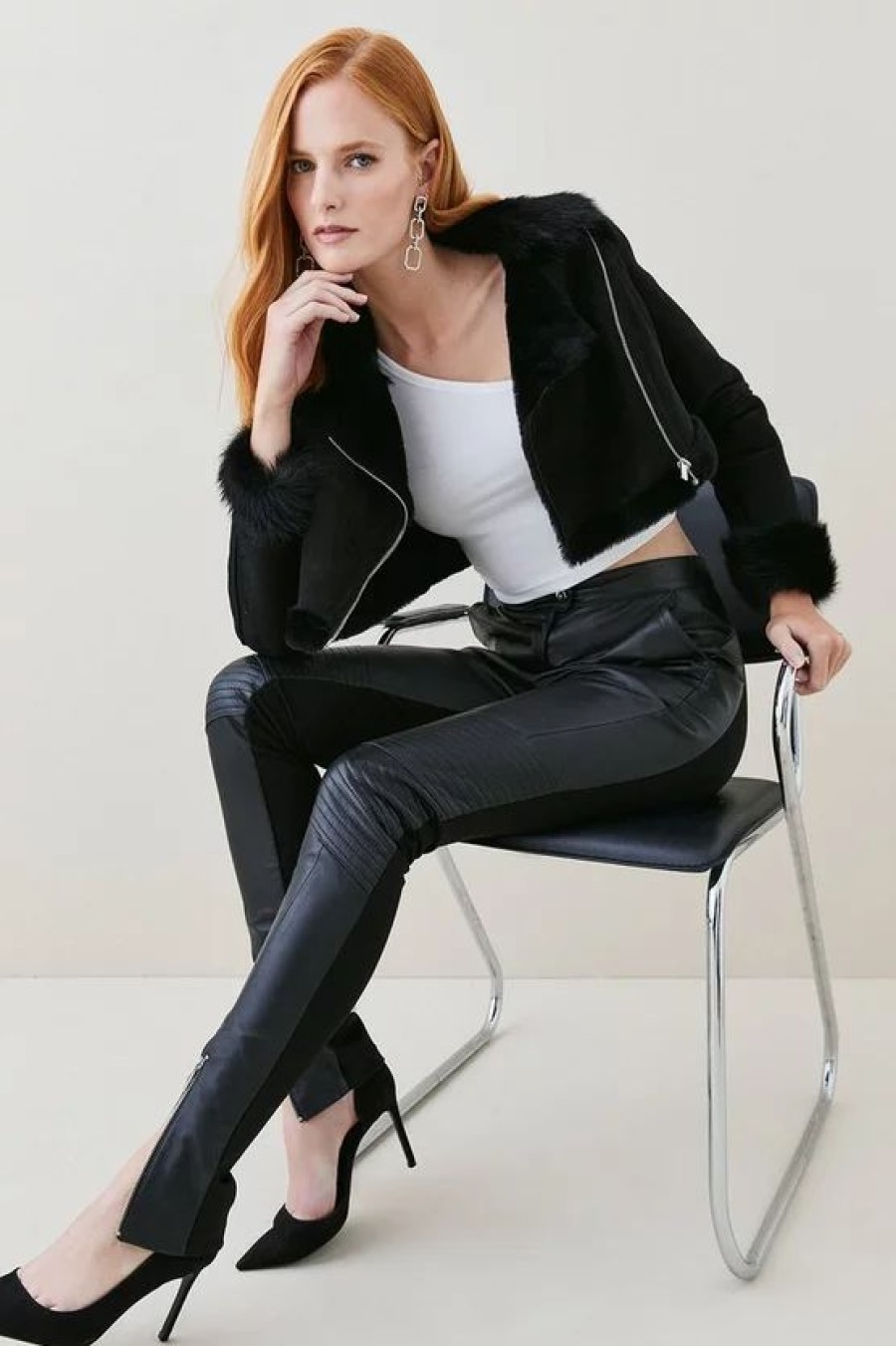 New * Flash Sale Karen Millen Shearling & Leather Cropped Biker Jacket