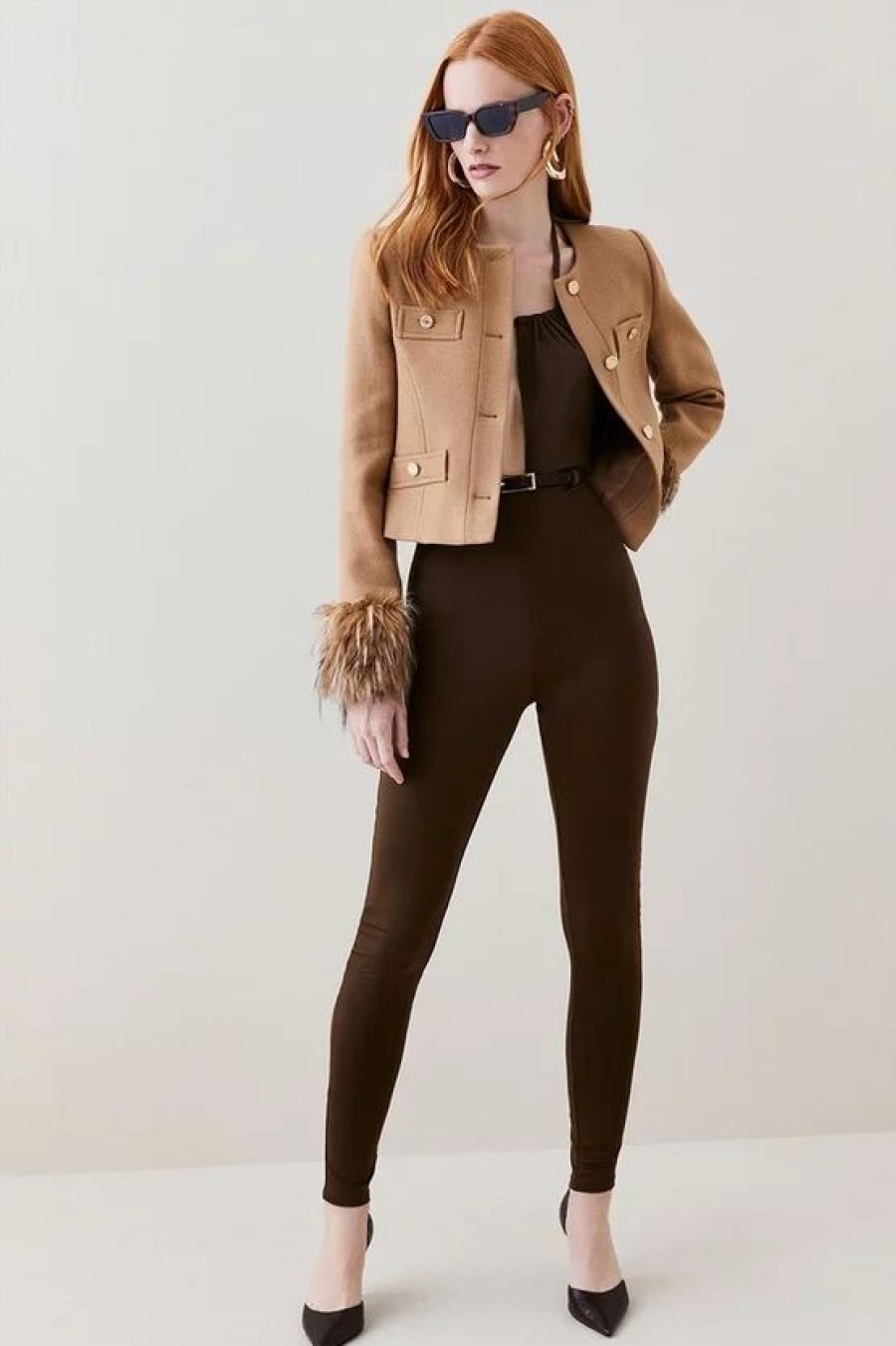 Wholesale * Best Pirce Karen Millen Italian Virgin Wool Faux Fur Cuff Short Coat Camel