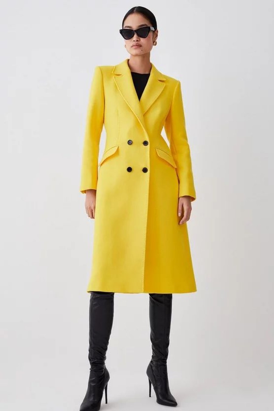 New * Top 10 Karen Millen Petite Italian Virgin Wool Fitted Coat Yellow