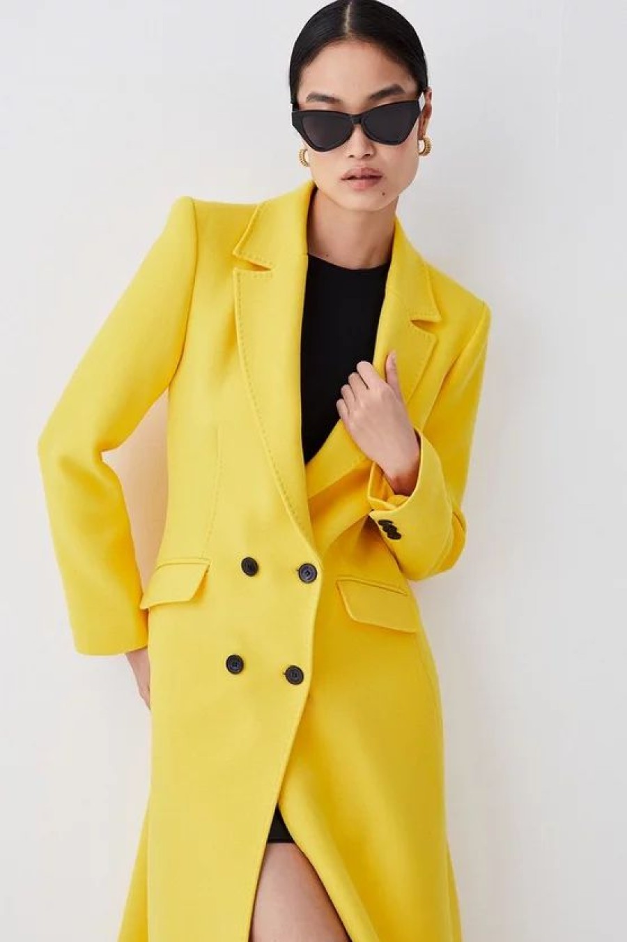 New * Top 10 Karen Millen Petite Italian Virgin Wool Fitted Coat Yellow