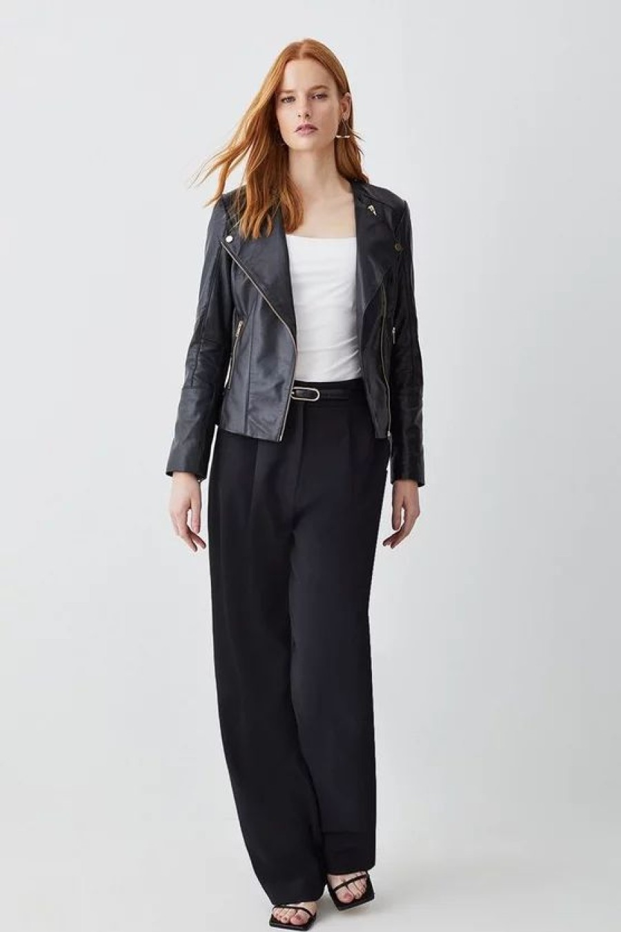 Wholesale * Flash Sale Karen Millen Leather Asymmetric Zip Through Collarless Biker Jacket Black