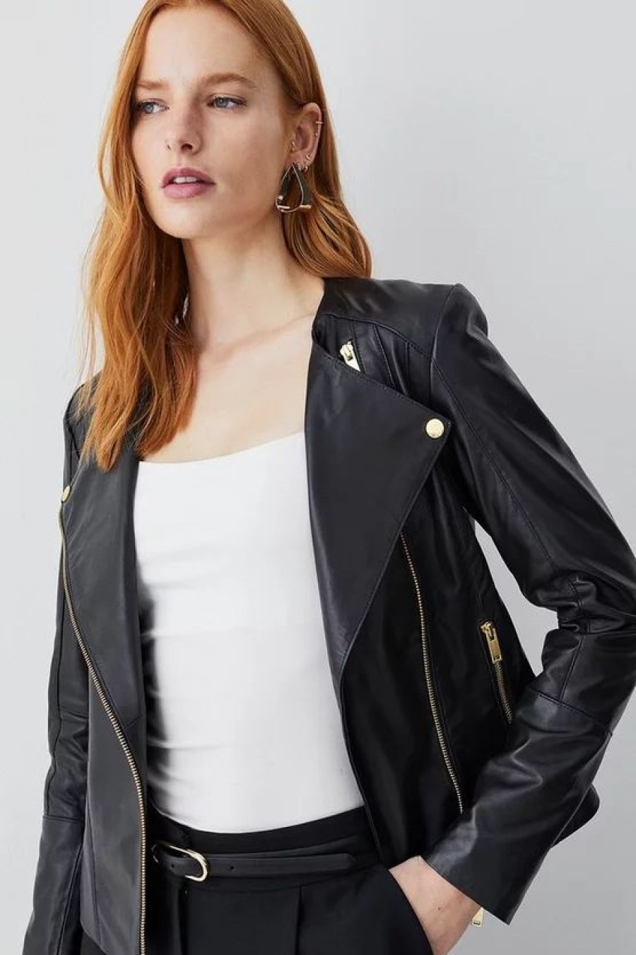 Wholesale * Flash Sale Karen Millen Leather Asymmetric Zip Through Collarless Biker Jacket Black