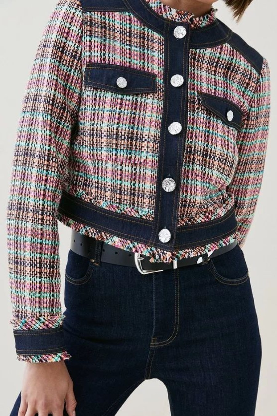 New * Flash Sale Karen Millen Tweed Denim Mix Jacket Multi