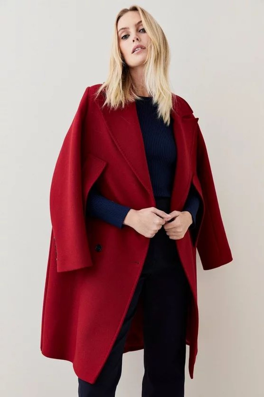 Wholesale * Best Sale Karen Millen Italian Virgin Wool Double Breasted Cape Over Coat Red