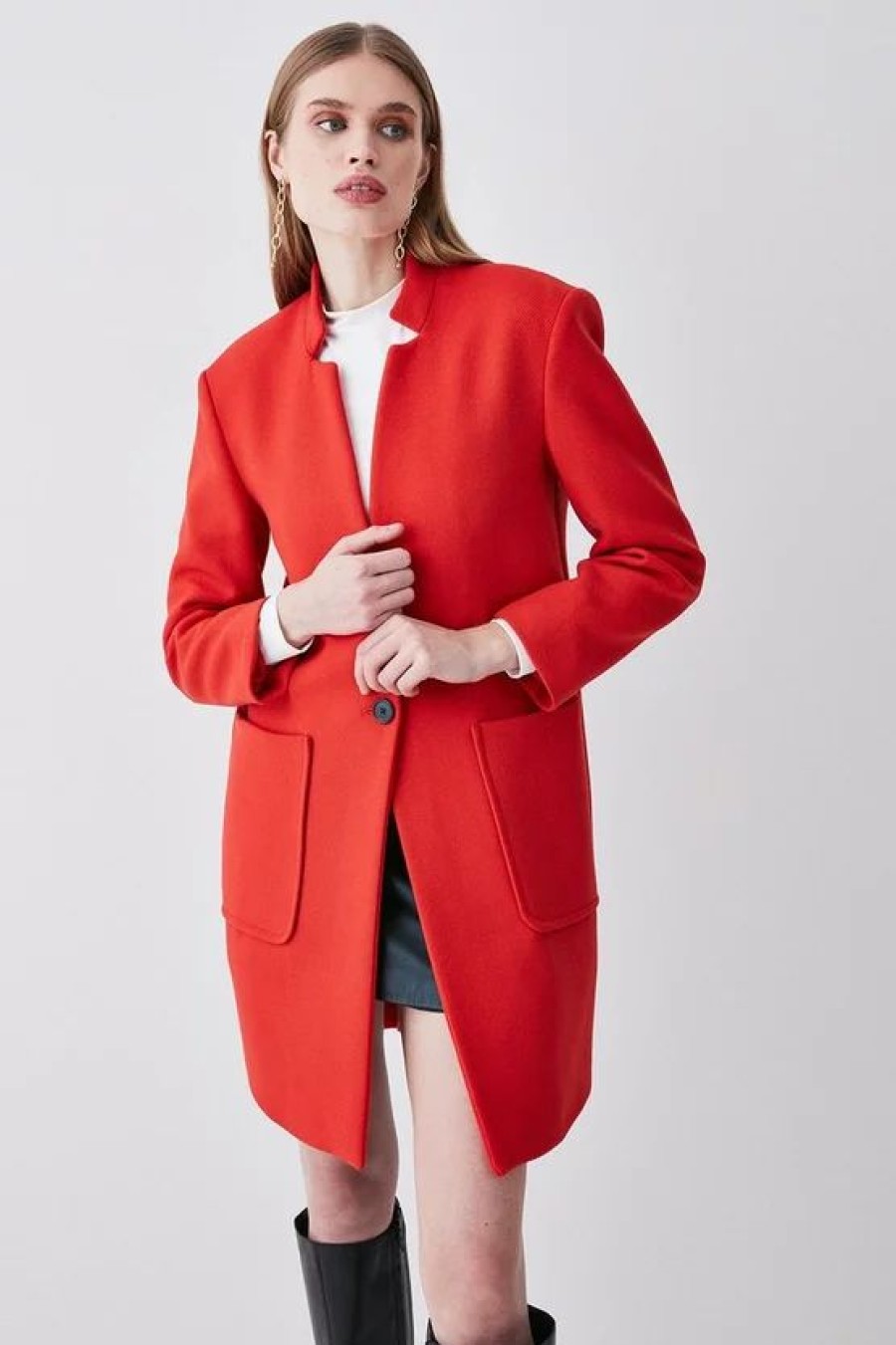 Hot * Hot Sale Karen Millen Italian Virgin Wool Notch Pop On Coat Red