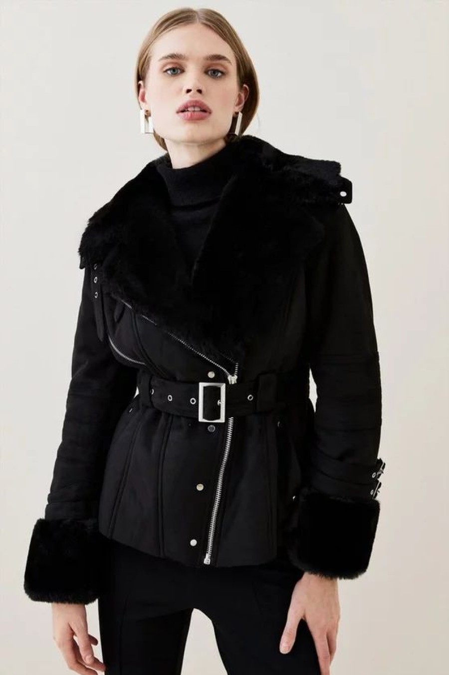 Hot * Promo Karen Millen Faux Shearling Belted Biker Jacket