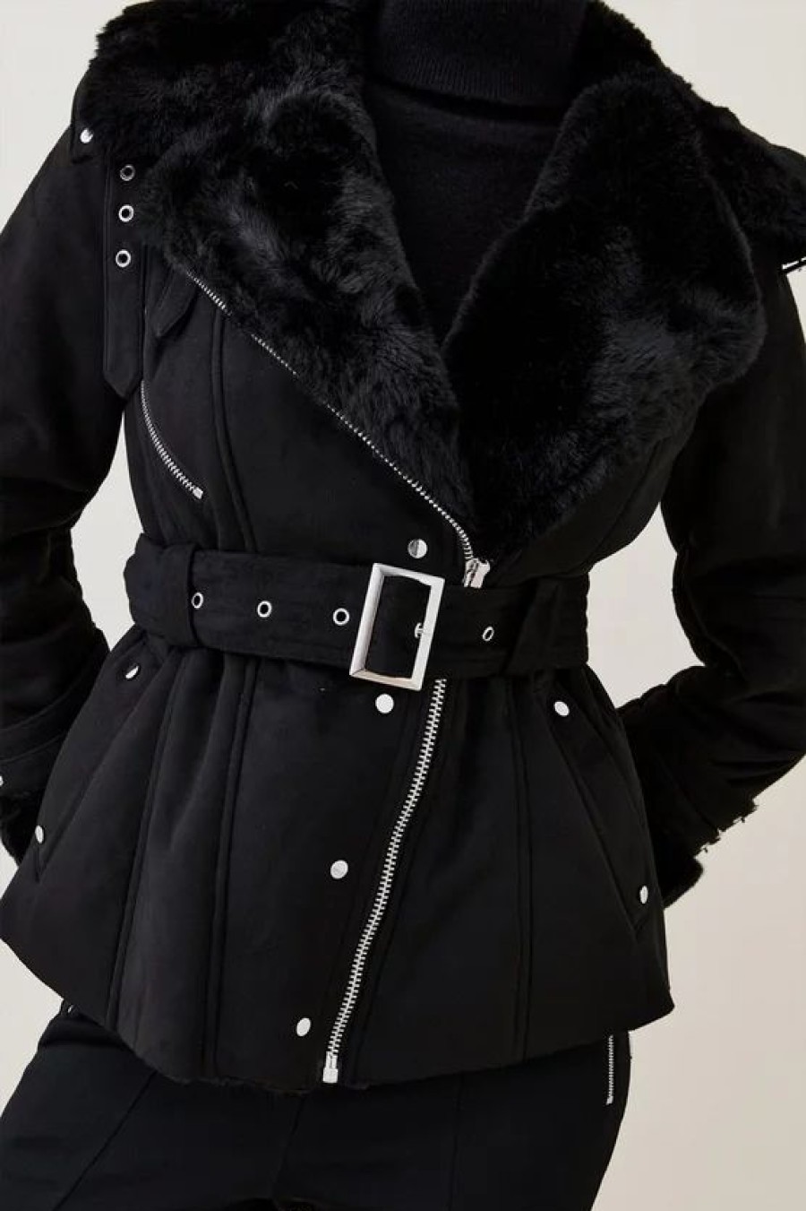 Hot * Promo Karen Millen Faux Shearling Belted Biker Jacket