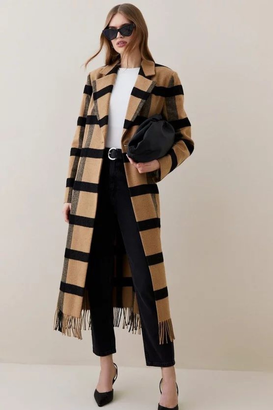 Wholesale * Flash Sale Karen Millen Italian Wool Check Fringe Hem Belted Coat Multi