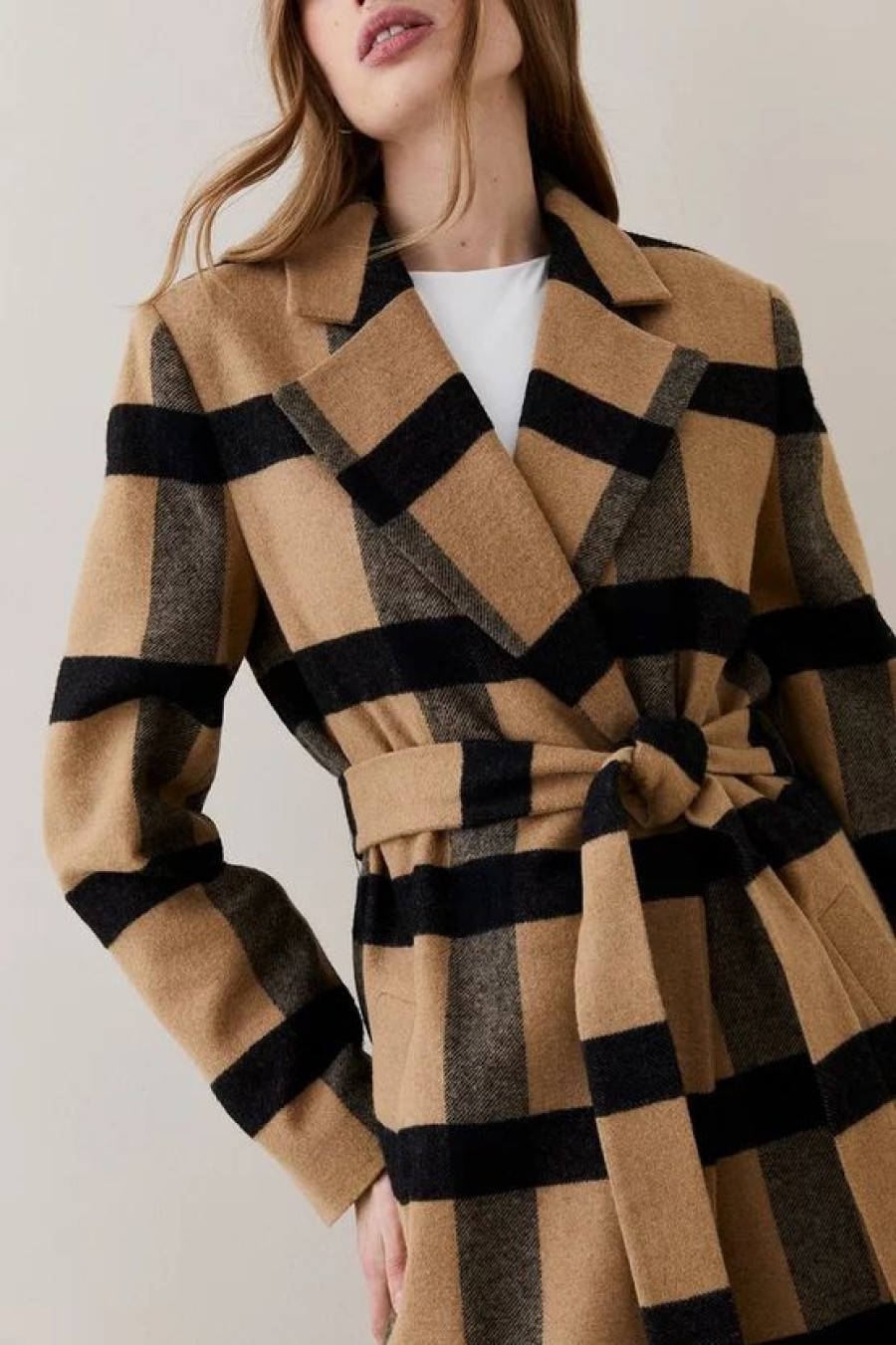 Wholesale * Flash Sale Karen Millen Italian Wool Check Fringe Hem Belted Coat Multi