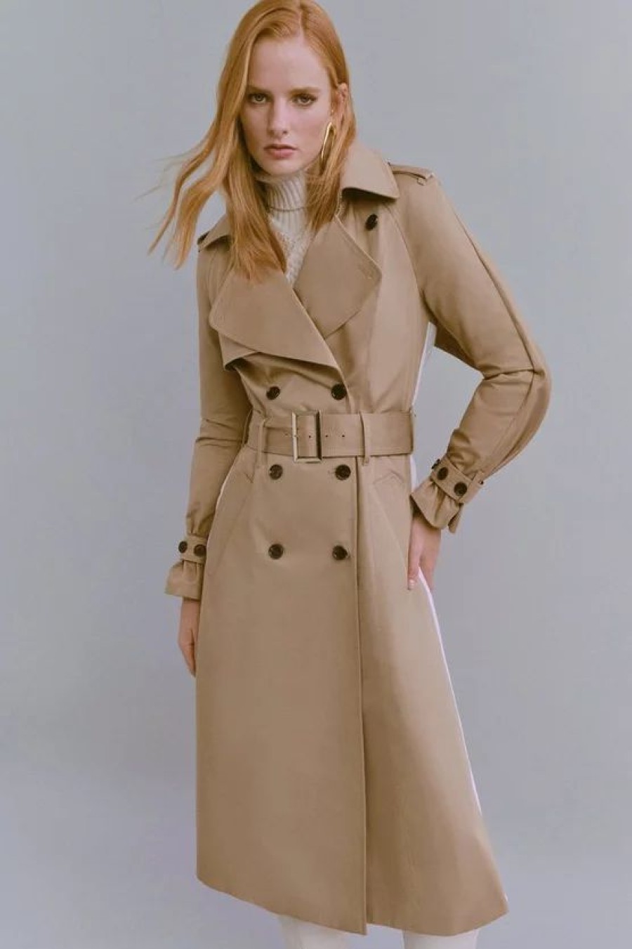 Hot * Buy Karen Millen Cotton Pleated Skirt Trench Coat Camel