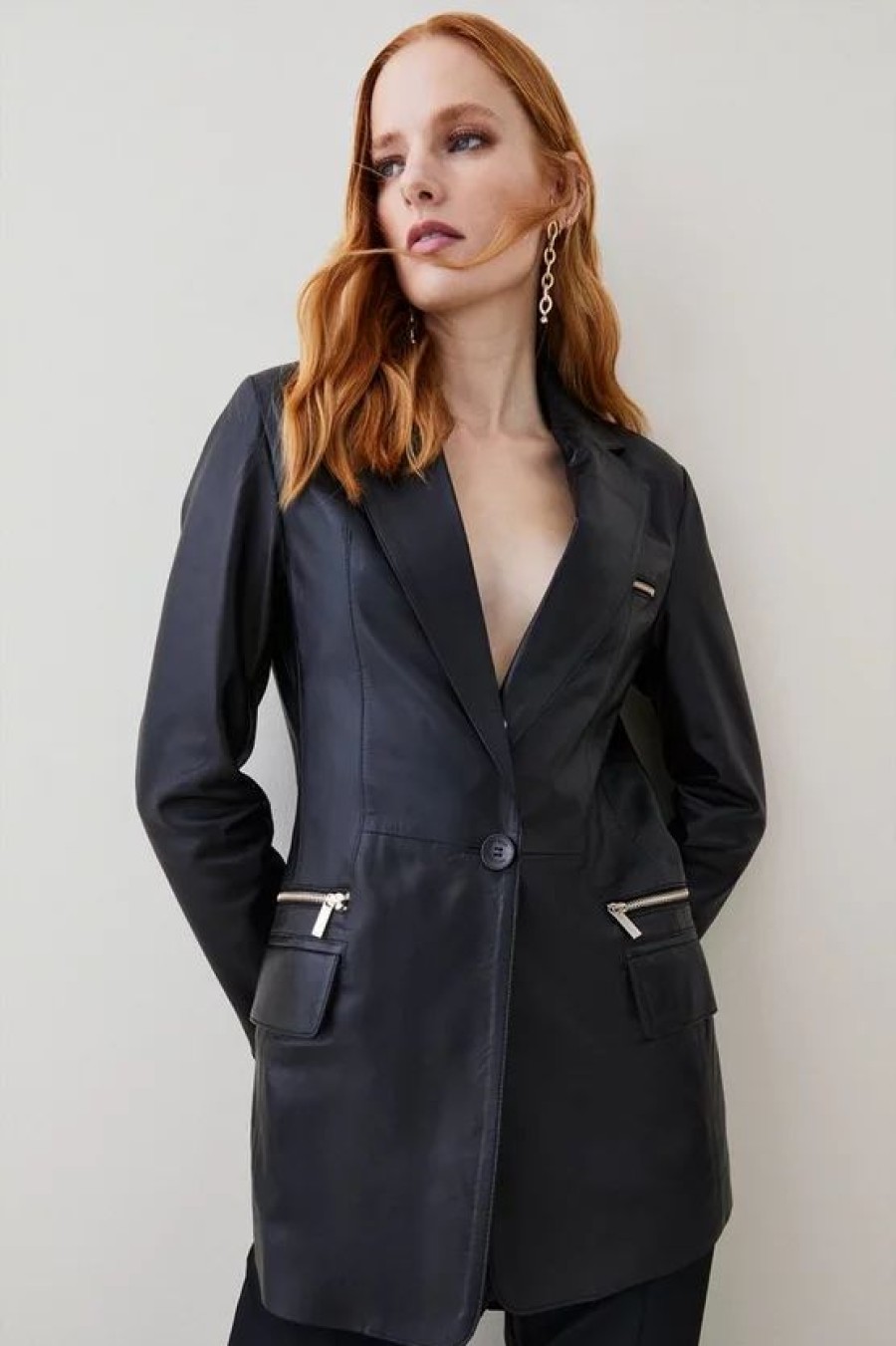 Clearance * Outlet Karen Millen Leather Zip Detail Blazer Jacket