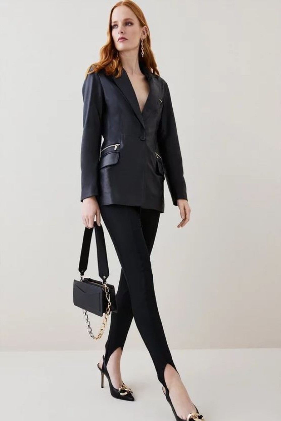 Clearance * Outlet Karen Millen Leather Zip Detail Blazer Jacket