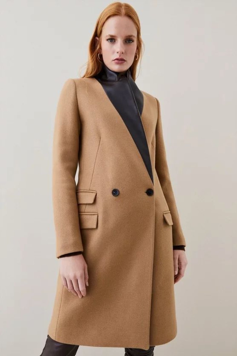 New * Wholesale Karen Millen Italian Virgin Wool Faux Leather Contrast Double Breasted Coat Camel