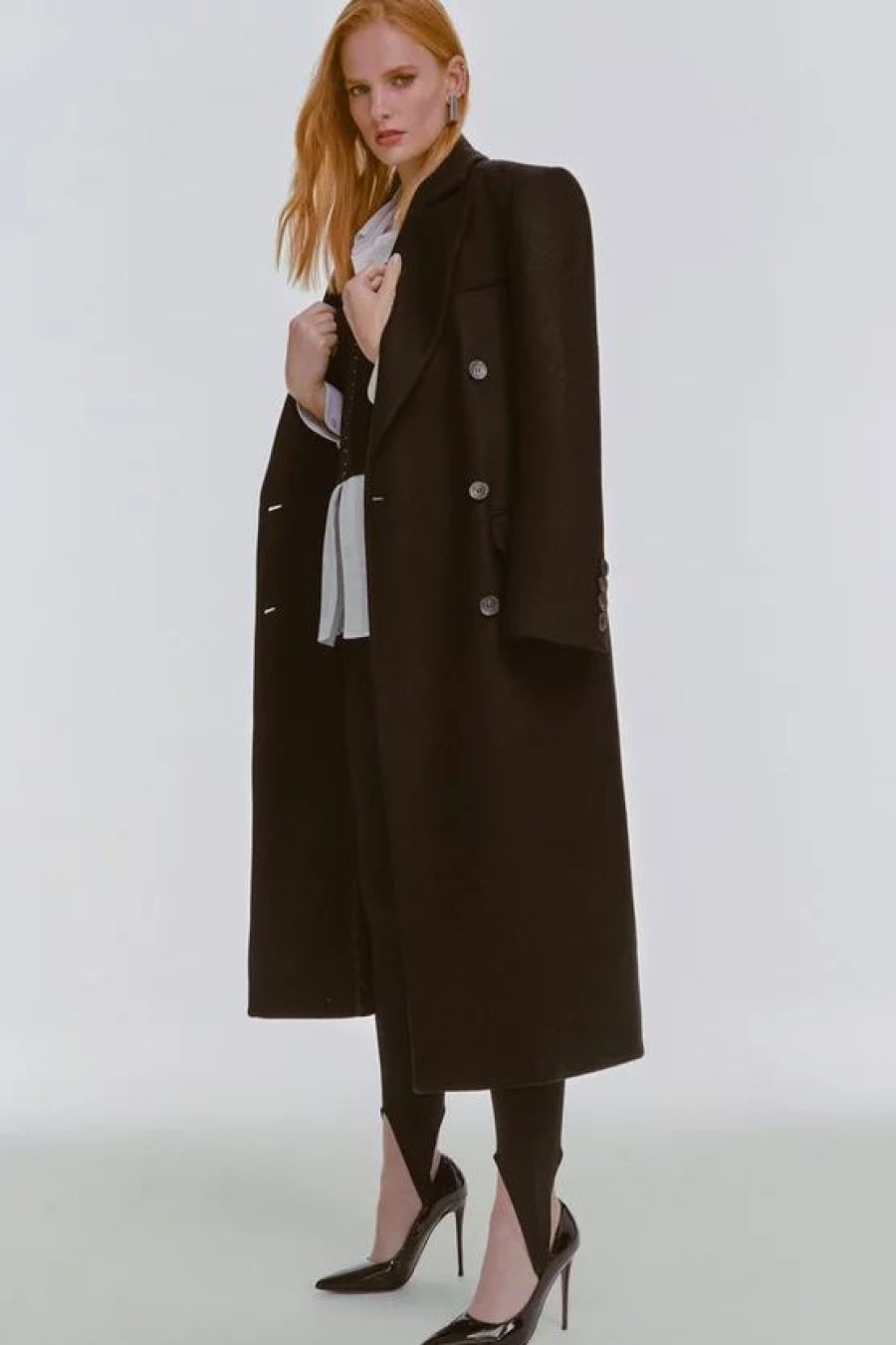 Online * Cheap Karen Millen Italian Virgin Wool Strong Shoulder Anti Fit Coat Black