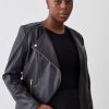 Wholesale * Outlet Karen Millen Plus Size Leather Asymmetric Zip Through Biker Jacket Black