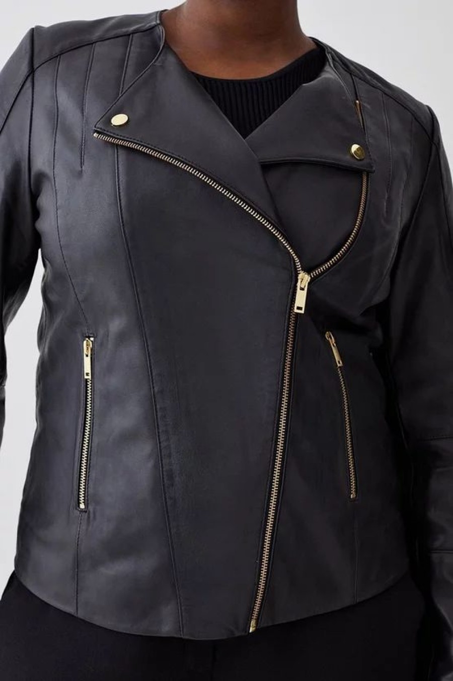 Wholesale * Outlet Karen Millen Plus Size Leather Asymmetric Zip Through Biker Jacket Black